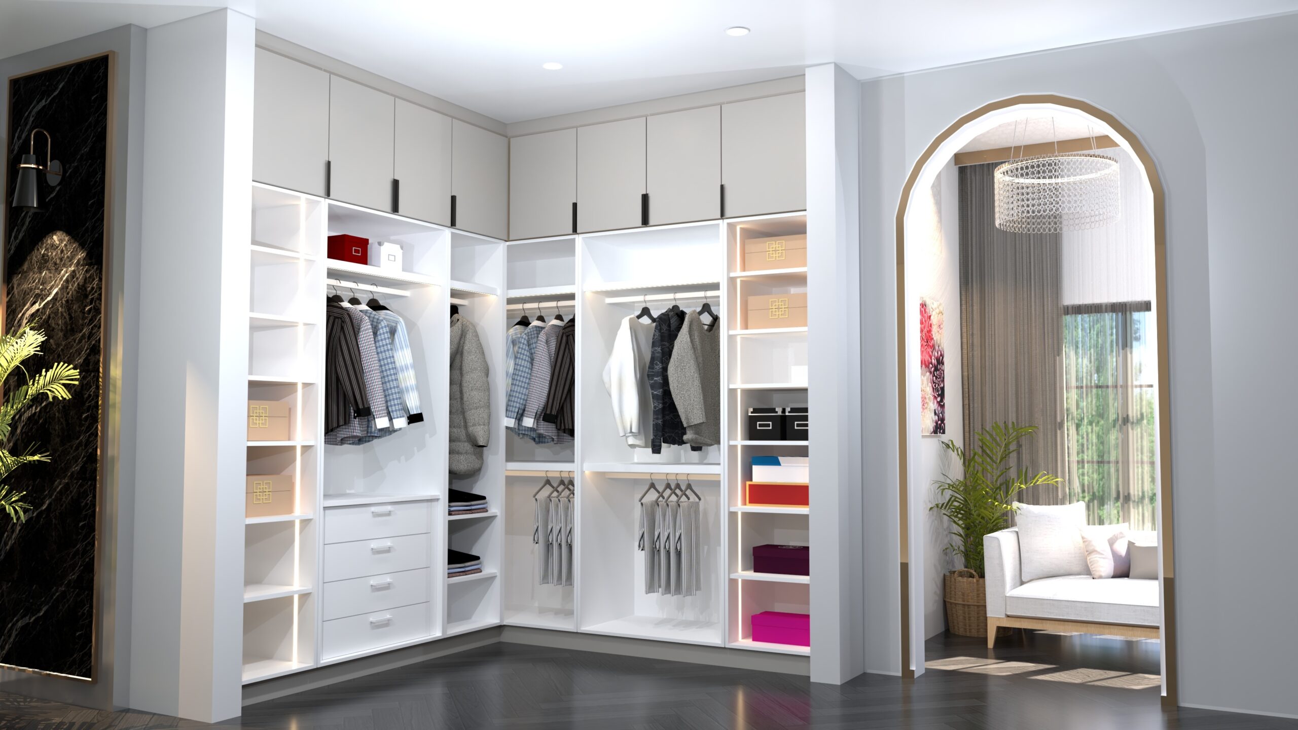 Modern Walk-In Closet Interior Design with Custom Wardrobe Storage System and Luxury Dressing Room